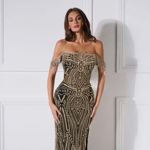 New Black Gold Crystals Embellished Long Ceremonial Gown w/ Fringe Frame CD J908 - Picture 8 of 10